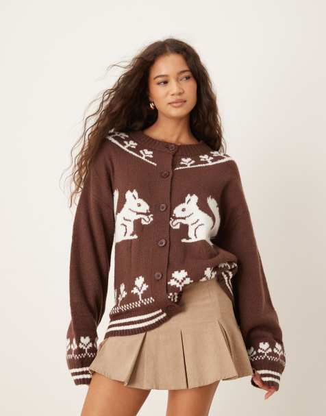 Neon Rose squirrel detailed button up cardigan in brown - view 1