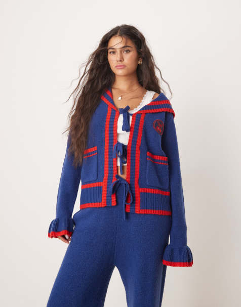 Neon Rose – Strickjacke in Marineblau mit Matrosenkragen und geschnürter Vorderseite, Kombiteil - view 1