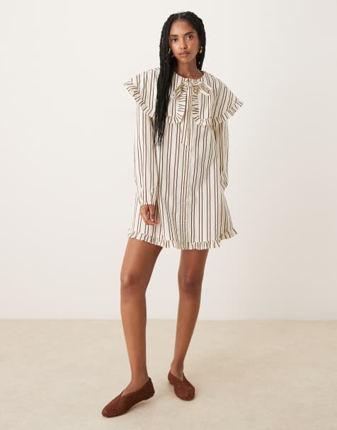 Neon Rose striped oversized collar mini smock dress in olive and brown - view 1