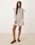 [Neon Rose] Neon Rose striped oversized collar mini smock dress in olive and brown-Multi S Brown/Olive