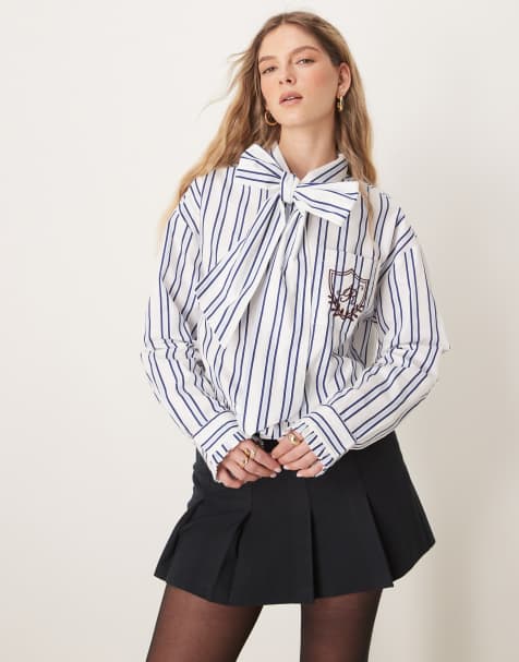 Neon Rose striped pussybow blouse in cream
