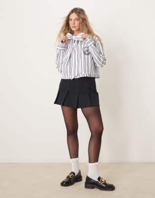 Neon Rose Striped Pussybow Blouse In White