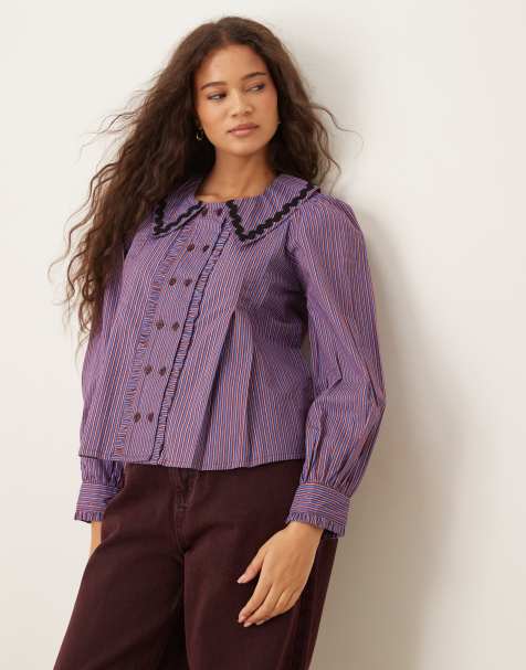 Neon Rose striped ruffle detail collared long sleeve blouse in burgundy - view 1