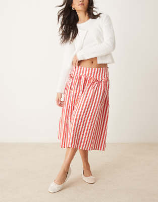 striped volume midi skirt in red