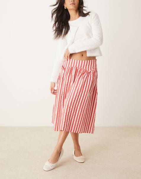Neon Rose striped volume midi skirt in red - view 1
