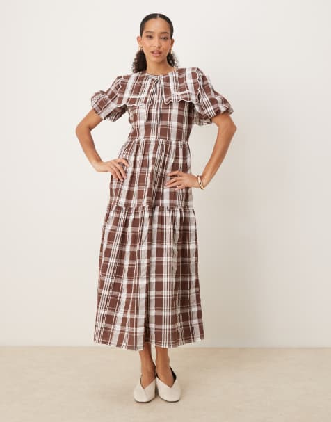Neon Rose collar detail check print midaxi dress in beige