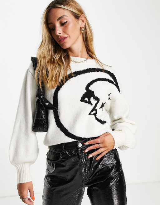 Neon Rose – Sweter oversize z balonowymi rękawami i wzorem księżyca z dzianiny intarsjowanej