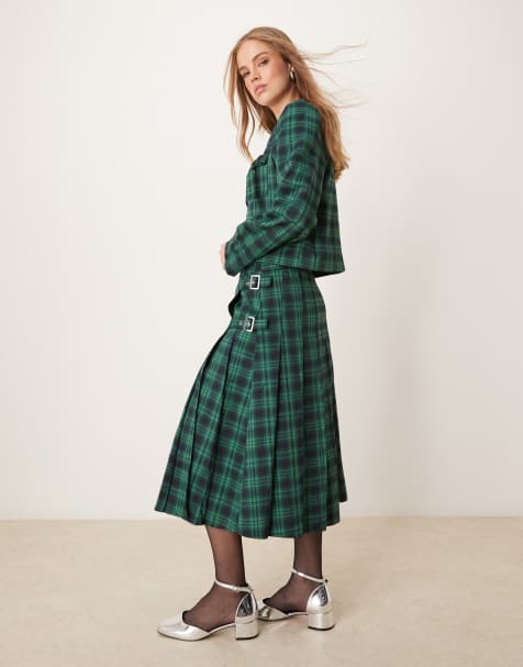 Neon Rose tartan midi kilt skirt co-ord in navy - view 1