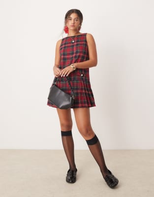 tartan pinafore dress in burgundy-Red