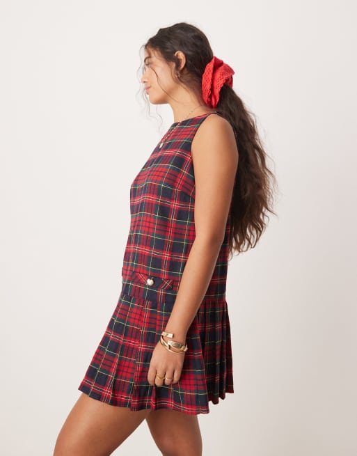 Neon Rose tartan pinny dress in burgundy, 2 of 4