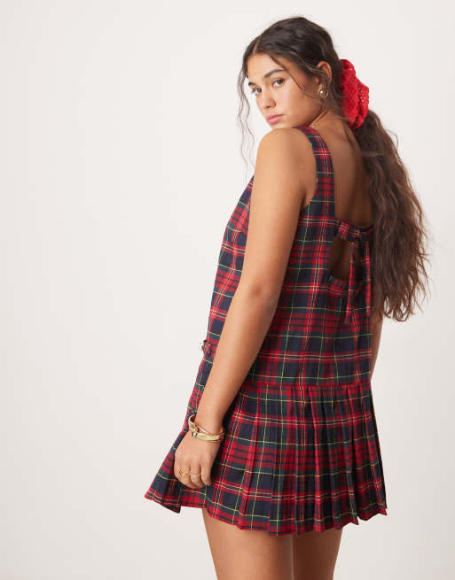 Neon Rose tartan pinny dress in burgundy, 3 of 4