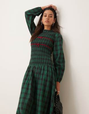 tartan shirred high neck midi dress in navy