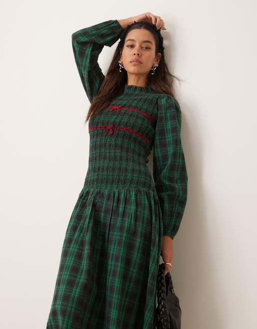 Neon Rose tartan shirred high neck midi dress in navy