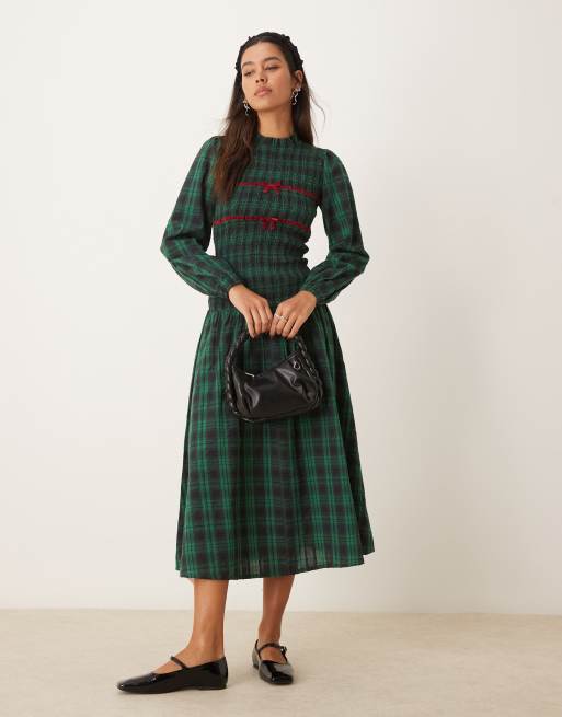 Neon Rose tartan shirred high neck midi dress in navy