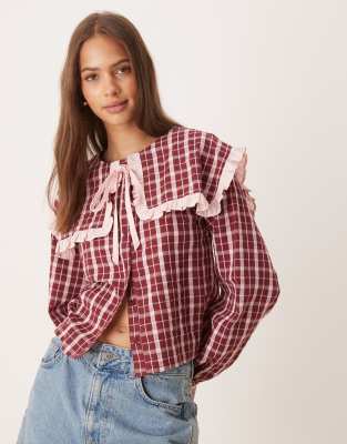 Neon Rose Neon Rose textured check print blouse in burgundy and pink