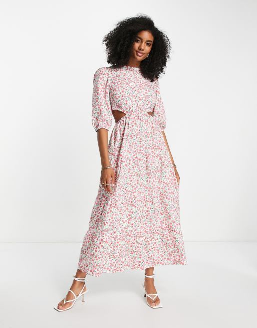 Neon Rose tie back tiered maxi smock dress in pink ditsy floral | ASOS