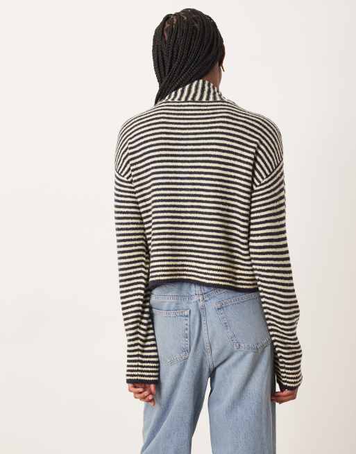 Neon Rose tie detail cardigan in navy and buttermilk yellow stripes, 2 of 4