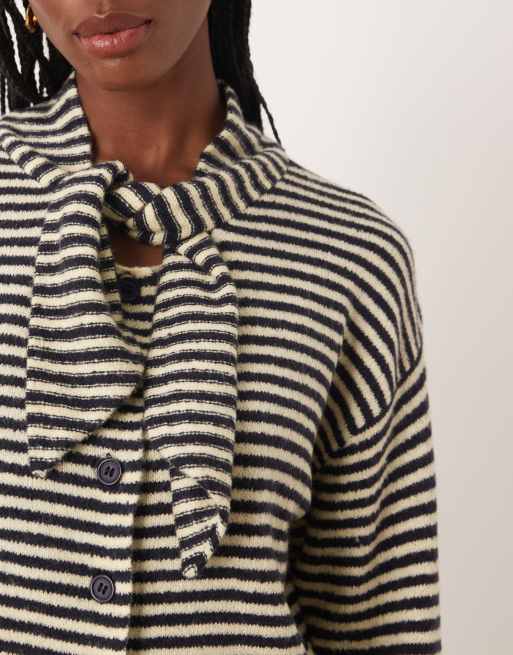 Neon Rose tie detail cardigan in navy and buttermilk yellow stripes, 3 of 4