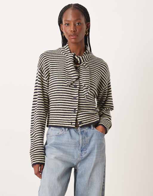 Neon Rose tie detail cardigan in navy and buttermilk yellow stripes, 4 of 4