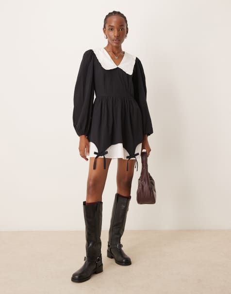 Neon Rose tie detail overlay mini dress in black and white - view 1