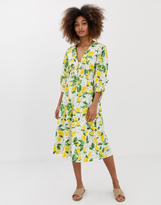 Neon Rose tie front midi tea dress with shirring in lemon print