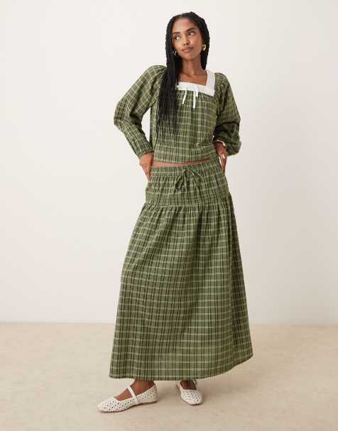 Neon Rose tiered check midaxi skirt in beige - view 1