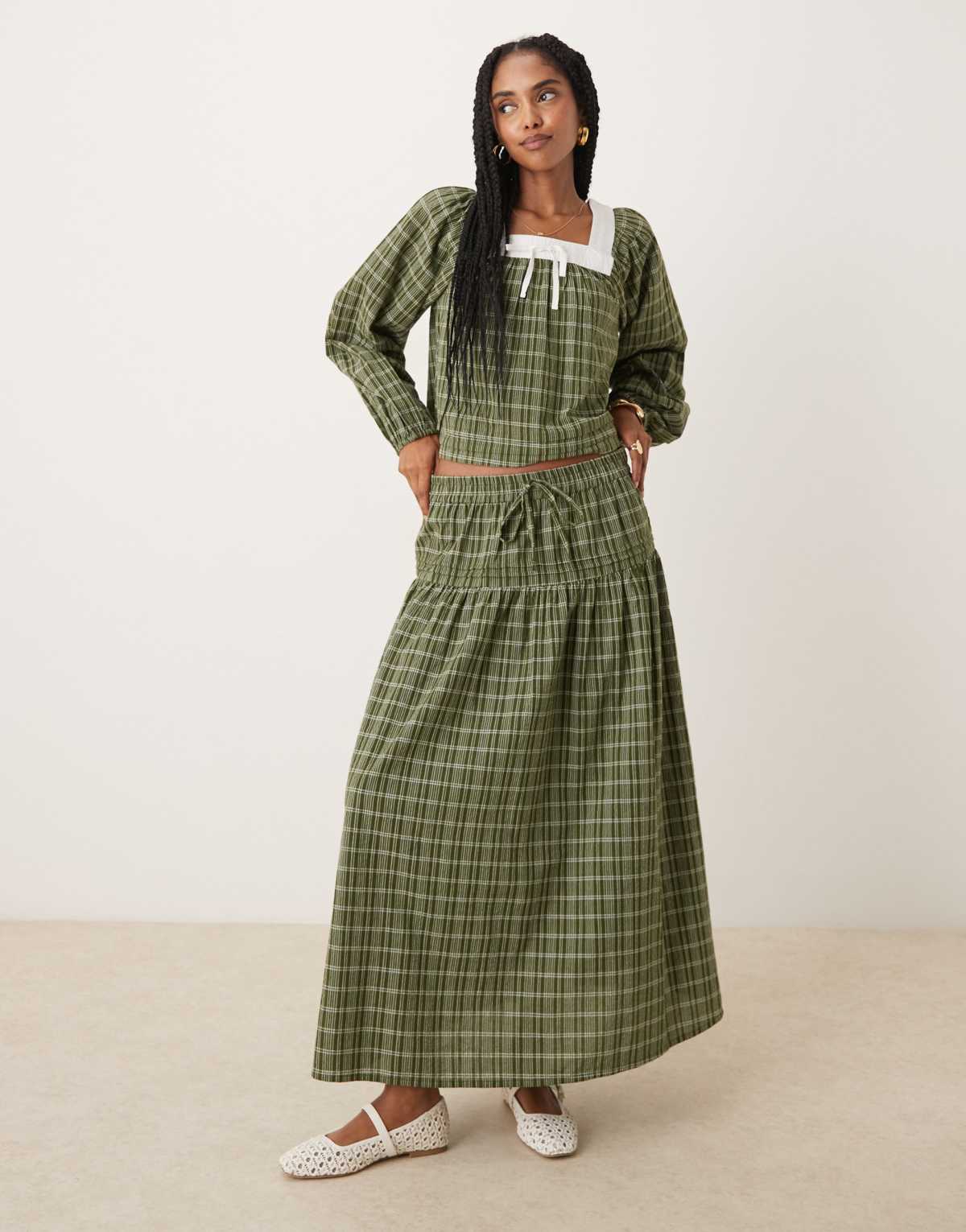 Neon Rose tiered check midaxi skirt in beige