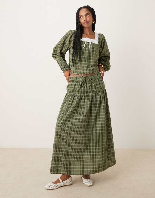 Neon Rose tiered check midaxi skirt in beige