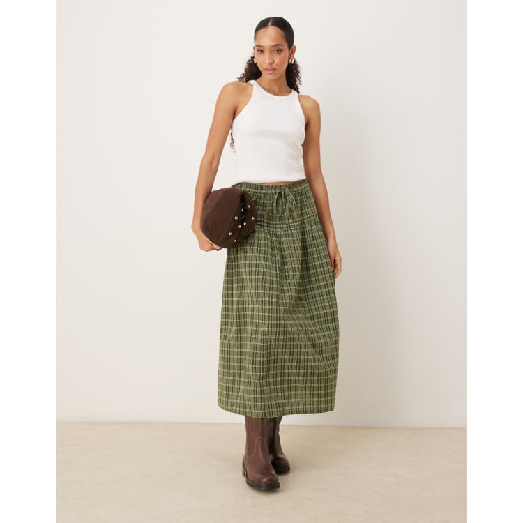 Neon Rose tiered check midaxi skirt in green | ASOS