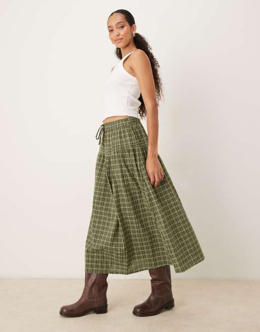 Neon Rose tiered check midaxi skirt in green | ASOS