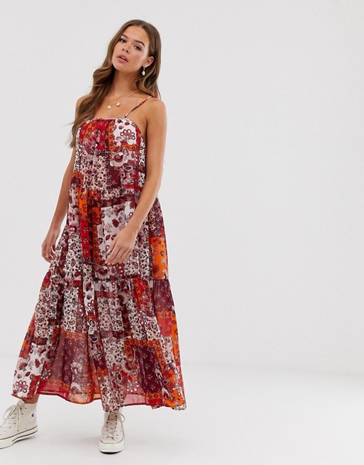 Neon Rose tiered maxi cami dress with tie shoulders in patchwork print
