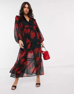 Neon Rose Tiered Maxi Tea Dress With Balloon Sleeves In Bold Floral-black