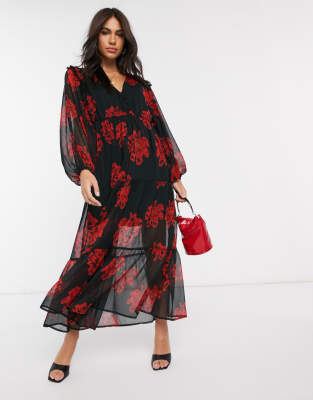 Neon Rose tiered maxi tea dress with balloon sleeves in bold floral | ASOS