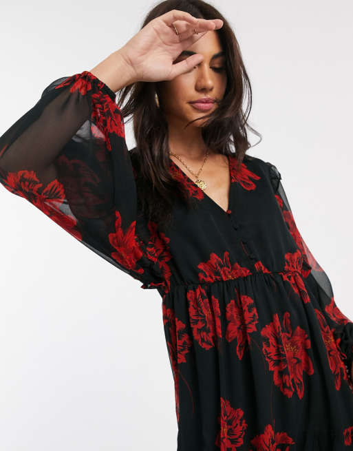 Neon Rose tiered maxi tea dress with balloon sleeves in bold floral, 3 of 4
