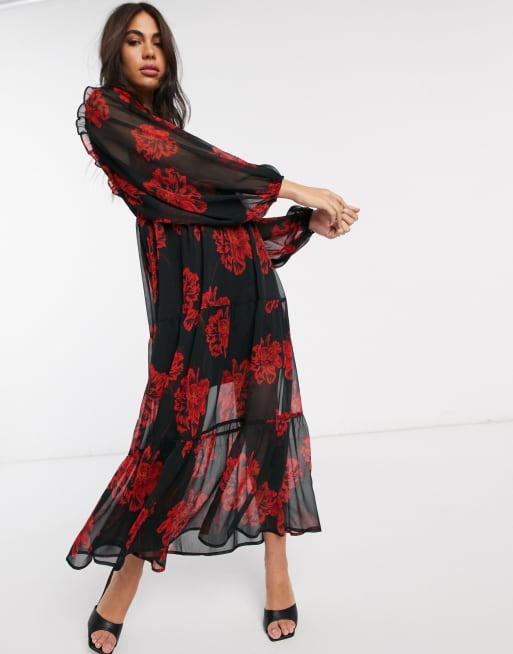 Neon Rose tiered maxi tea dress with balloon sleeves in bold floral, 4 of 4