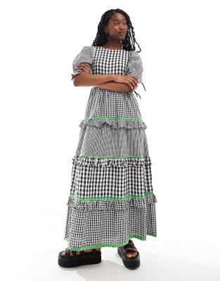 Neon Rose Neon Rose tiered puff sleeve gingham midi dress in black