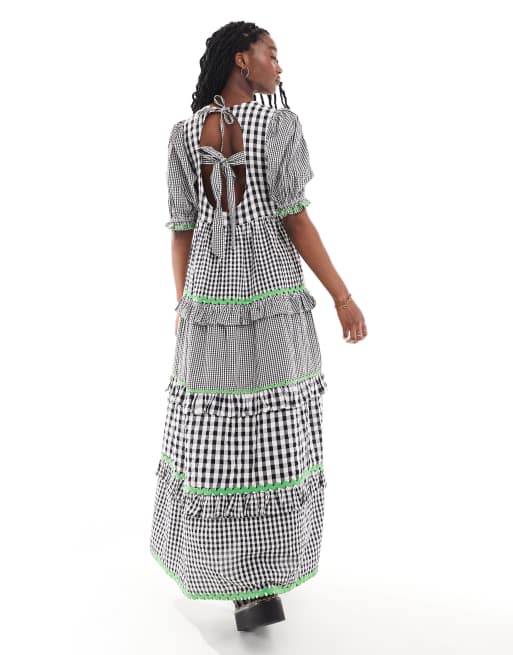 gingham tiered maxi dress neon rose Brown Neon Rose Cotton Gingham Tiered Maxi Dress