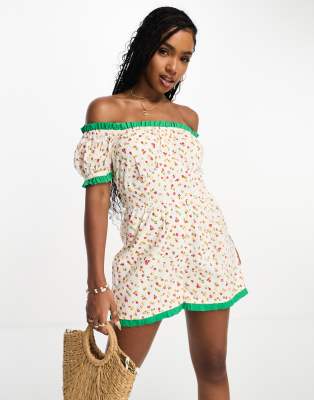 Neon Rose - Trägerloser Playsuit mit buntem Blümchenmuster und Schleifendetail hinten