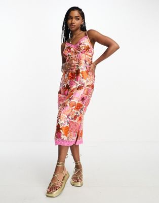 Neon Rose tropical tile print satin midi dress in multi