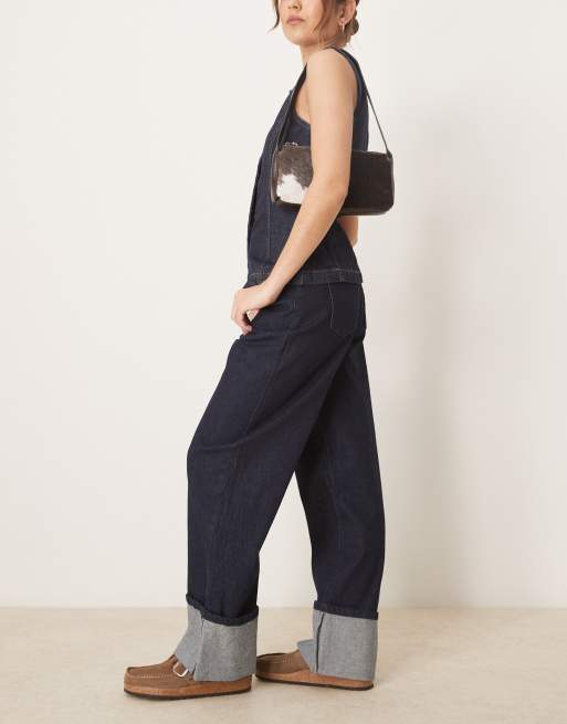 Neon Rose turn-up detail straight leg jeans in indigo