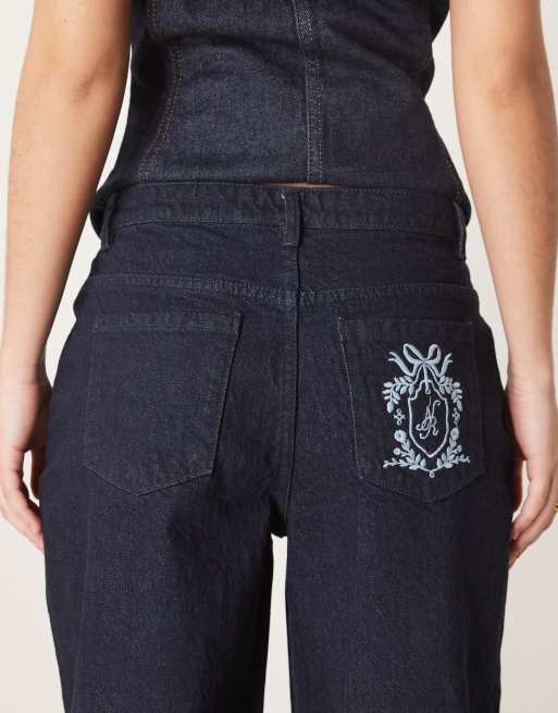 Neon Rose turn-up detail straight leg jeans in indigo
