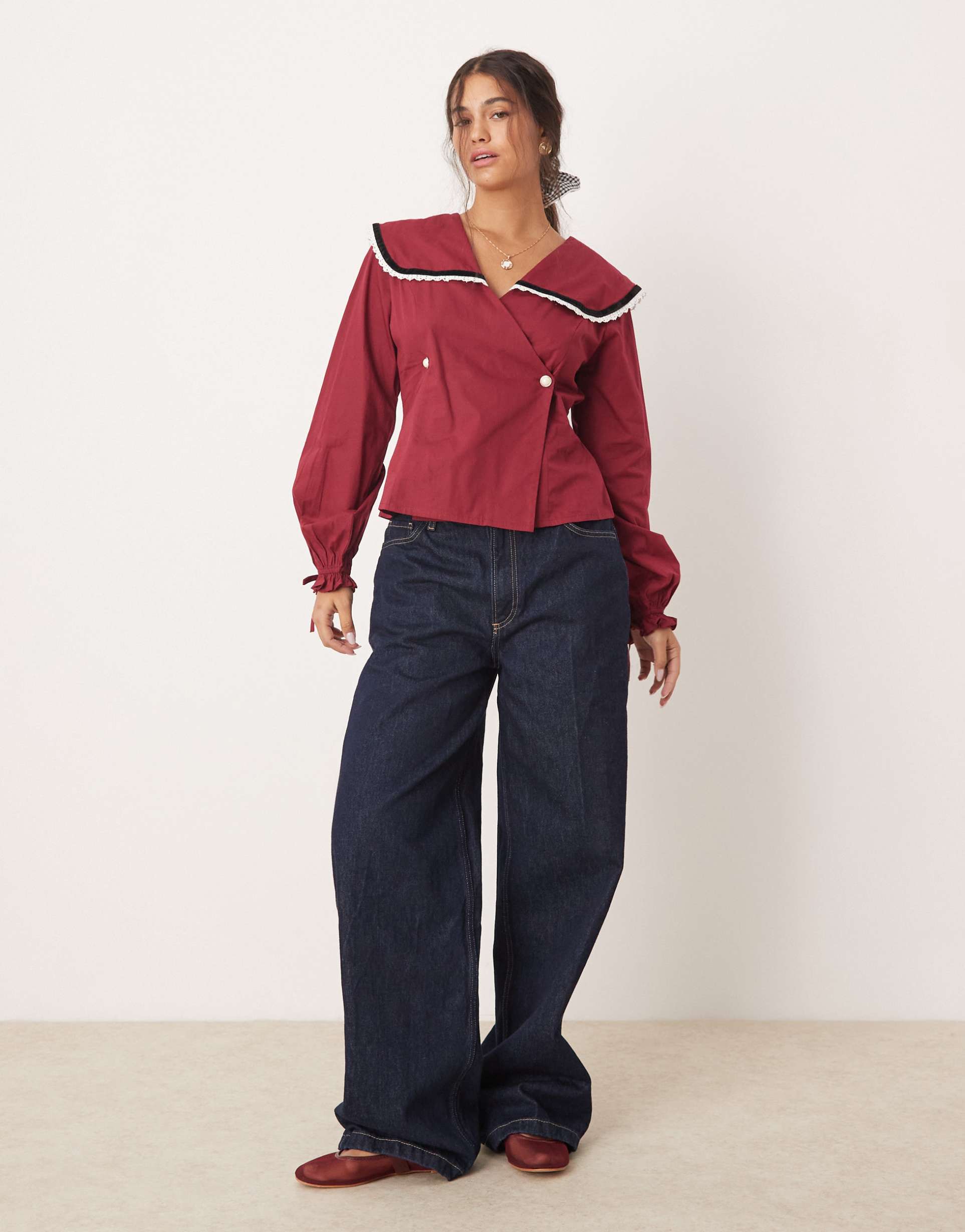 neon rose velvet trim collar detail blouse in burgundy