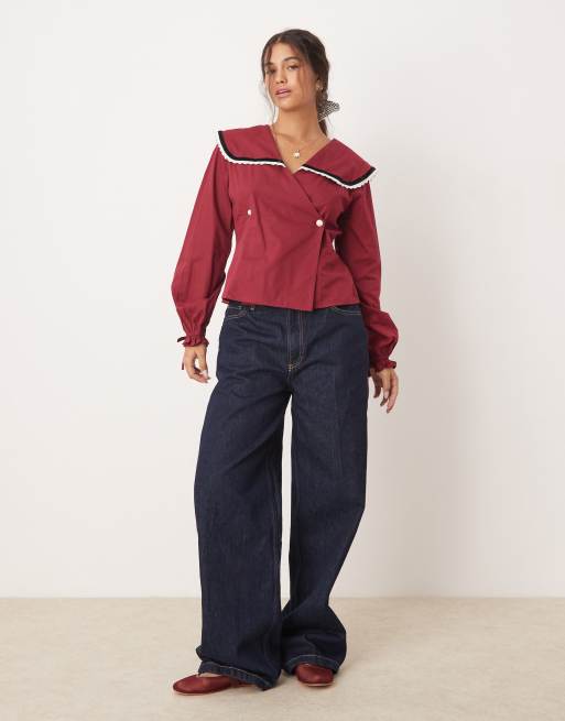 Neon Rose velvet trim collar detail blouse in burgundy