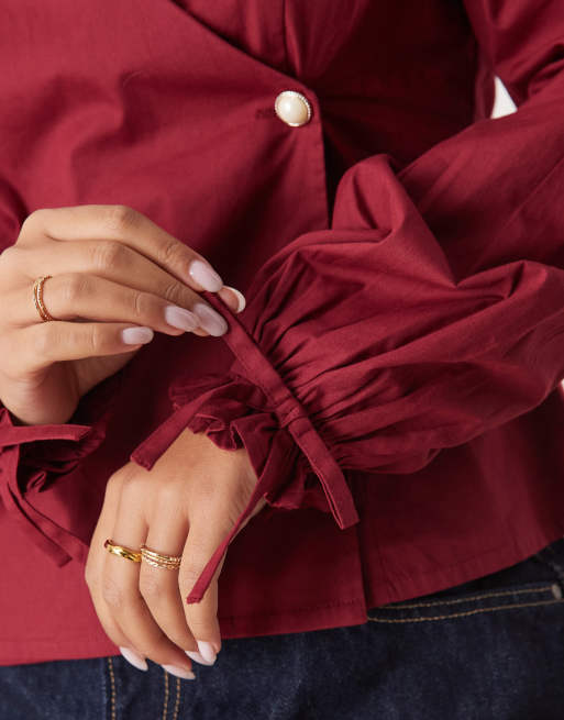 Neon Rose velvet trim collar detail blouse in burgundy
