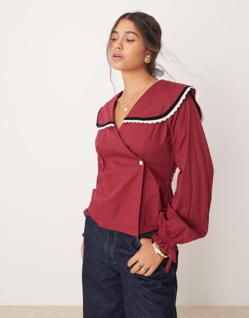Neon Rose velvet trim collar detail blouse in burgundy