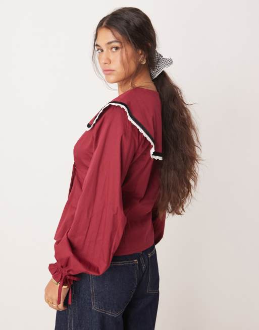 Neon Rose velvet trim collar detail blouse in burgundy
