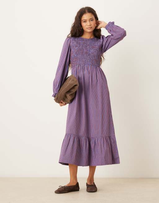 Neon Rose - Vestito a maniche lunghe con gonna al polpaccio a righe multicolore con arricciatura