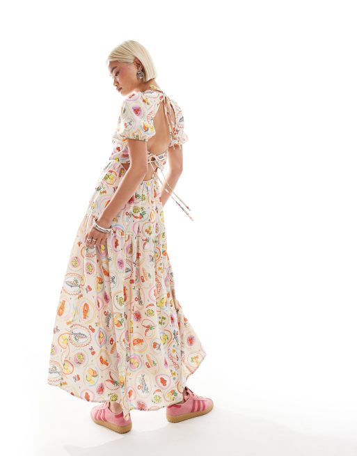 Neon Rose - Vestito grembiule al polpaccio a balze con stampa a tema pranzo multicolore