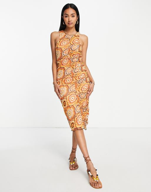 Neon Rose - Vestito midi in rete a fiori anni '70 arricciato sul davanti con dorso a vogatore