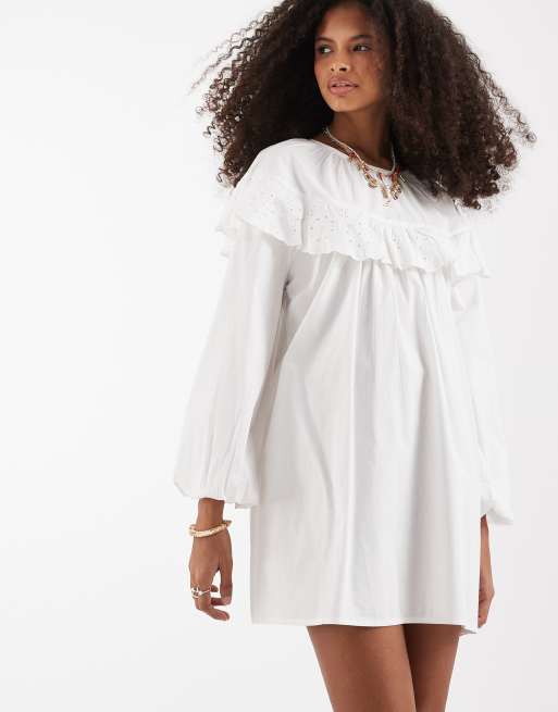 Neon Rose – Vit babydoll-klänning med långa ärmar och volangkant, 2 av 4